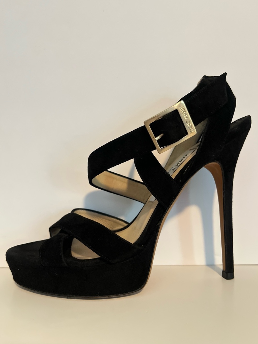 Jimmy Choo Louise Crosscross Platform Sandals Black Suede Stiletto Sz 37 / 6.5